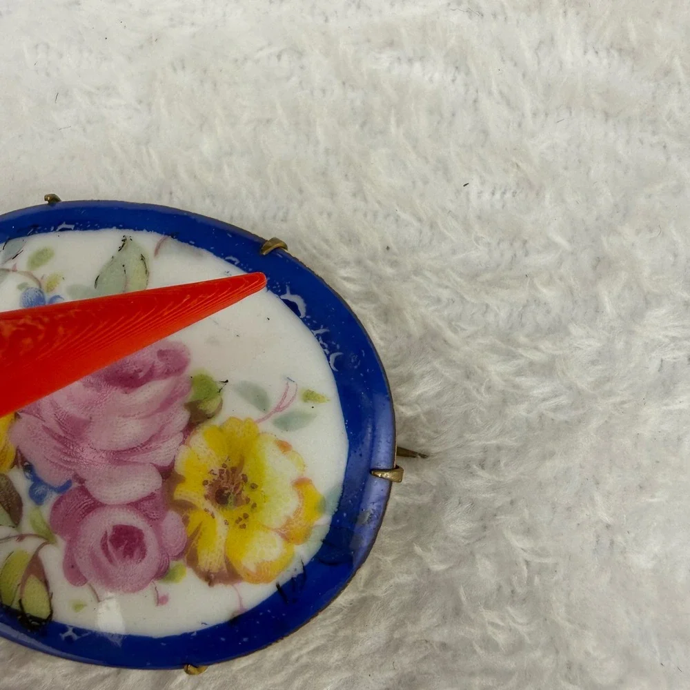 Vintage Victorian Brooch Blue Hand Painted Porcelain Pink  Gold Tone Oval READ